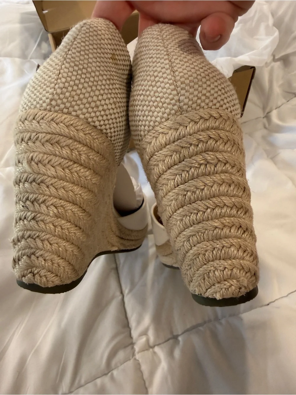 Women’s White Espadrille Wedge Sandals with Tan Ankle Strap